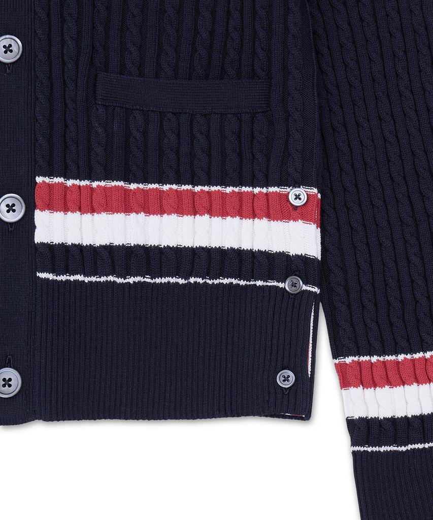 Thom Browne Rwb Striped Cotton Baby Cable V-Neck Cricket Cardigan - Navy / Mkc640Ay3014415
