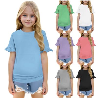 Summer Children's Solid Color Short-sleeved Ruffled Crew-neck T-shirt
