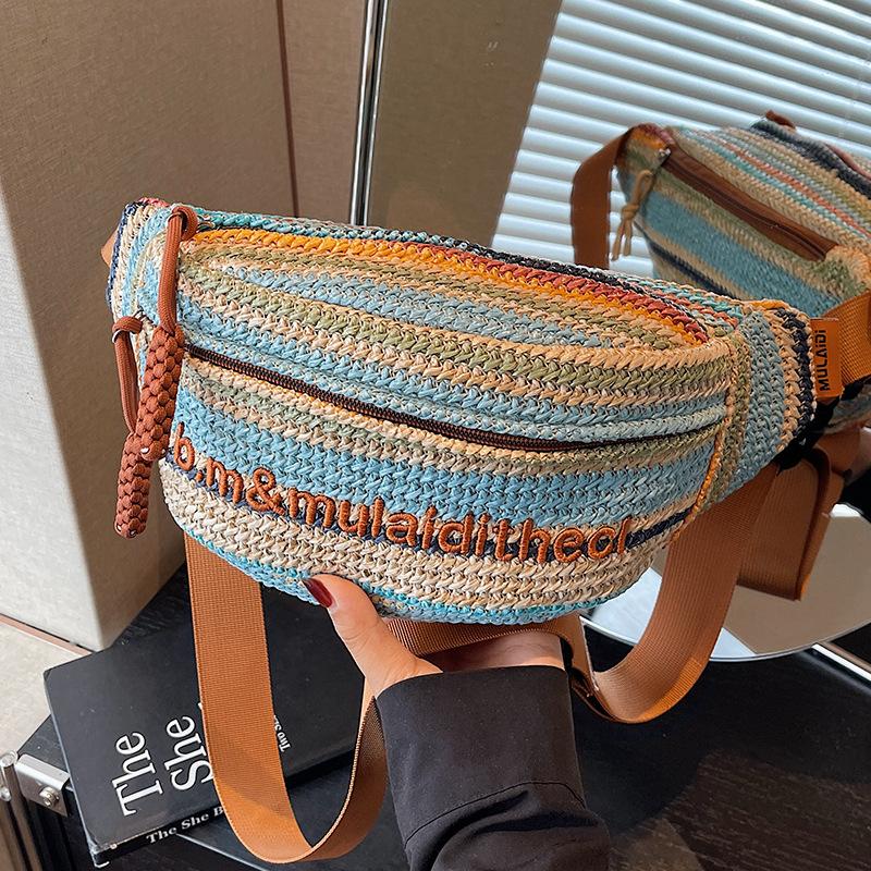 

Rainbow striped woven straw bag women s 2025 new fashion commuter shoulder bag high-end messenger breast bag tide синий