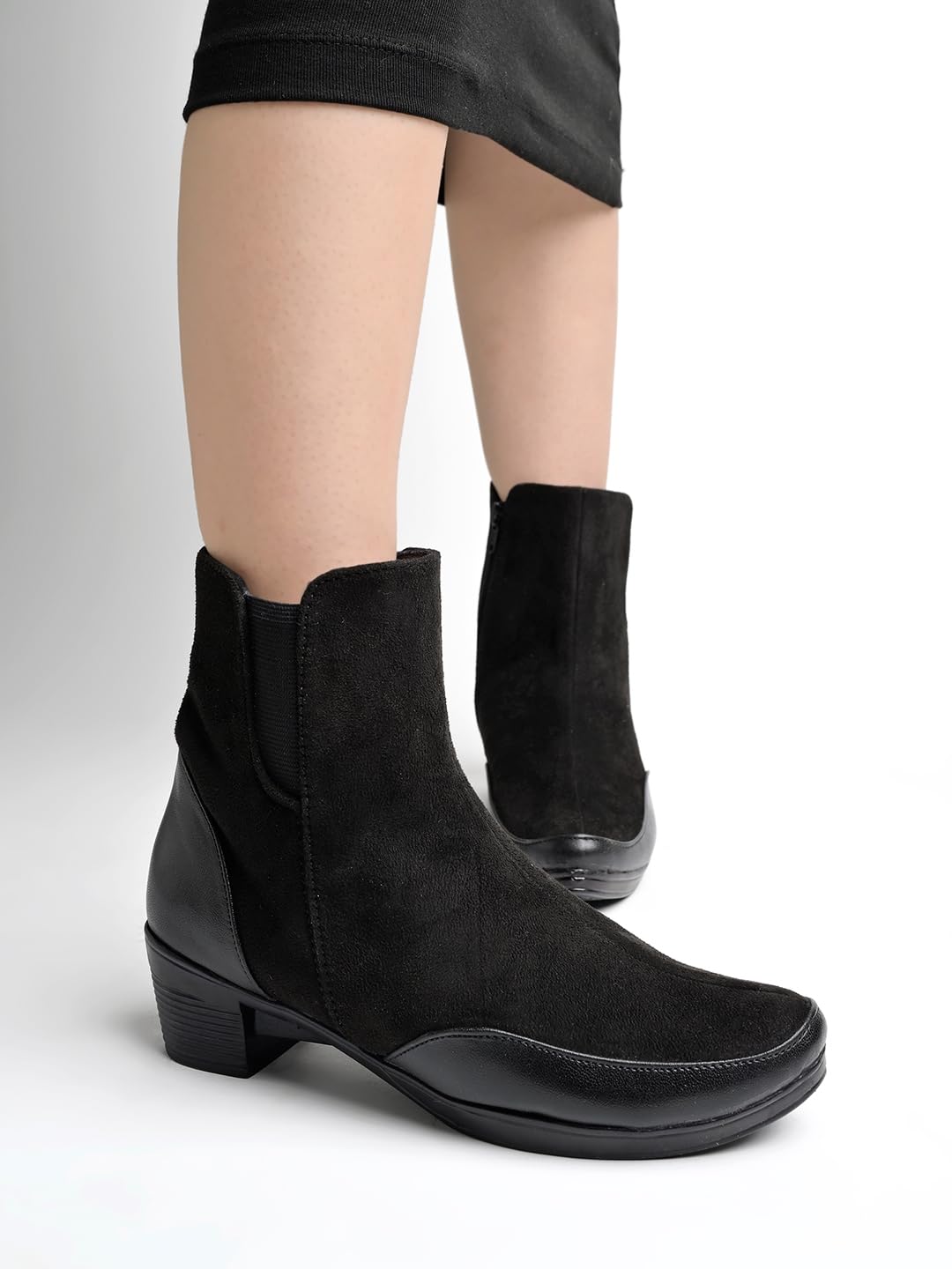 Shoetopia Женские короткие ботильоны на массивном каблуке с нескользящей подошвой, удобные модные ботильоны на щиколотку | Мягкая амортизирующая подошва | Для повседневной носки, вечеринок и зимы EU38 : 22.5CM чёрный