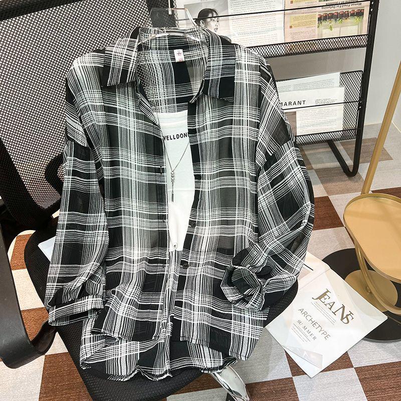 Женский летний клетчатый шифоновый кардиган с защитой от УФ - Дышащая куртка из ледяного шелка 3XL чёрный