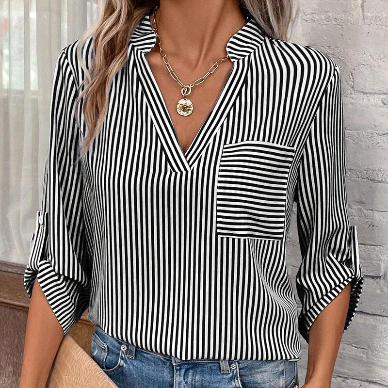 

Модные весенне-летние женские пуловеры с коротким рукавом и V-образным вырезом в полоску, рубашка, блузка, топ XL чёрный