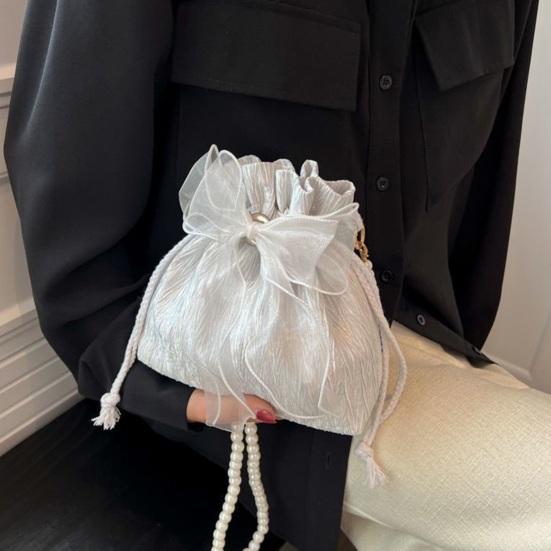 Women Single Shoulder Bag with Detachable Faux Pearl Chain Large Capacity Drawstring Handbag Purse Tulle Bowknot Crossbody Pouch