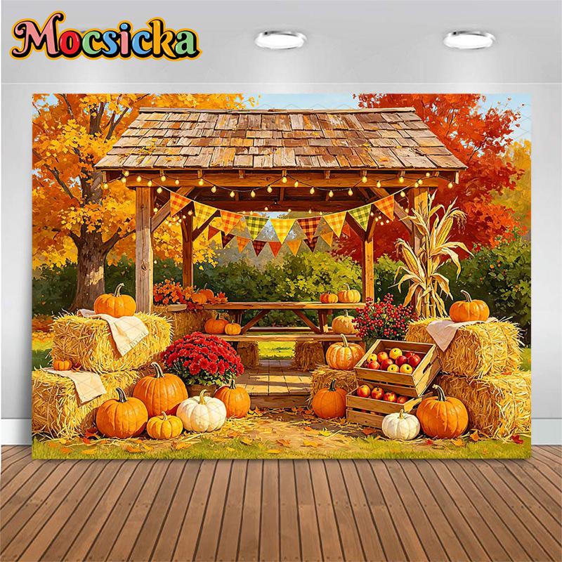 Mocsicka Autumn Gazebo Photography Backdrop Thanksgiving Tapestry Harvest Pumpkin Hay Bale Fall Leaves Background Family Banner