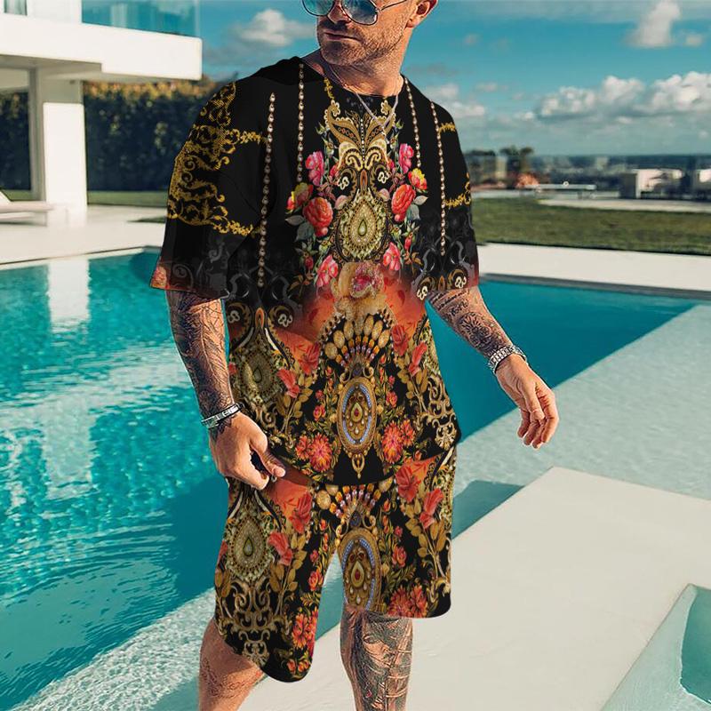 Summer Quick Drying Men's Sports Set 2-Piece 3D Printing Gold Line Black Set European Luxury Style Men's T-shirt+Beach Pants