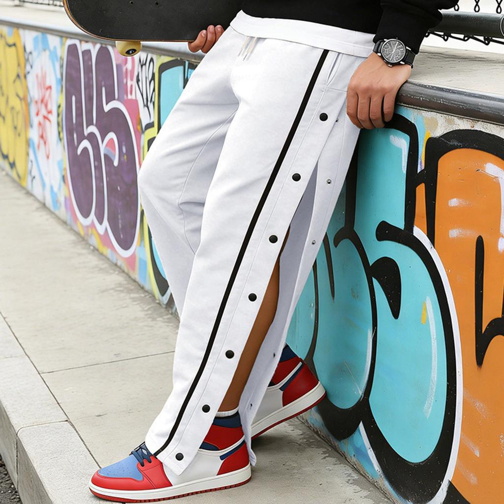 Men's Solid Color Trousers Men's Single Breasted Striped Loose Sweatpants