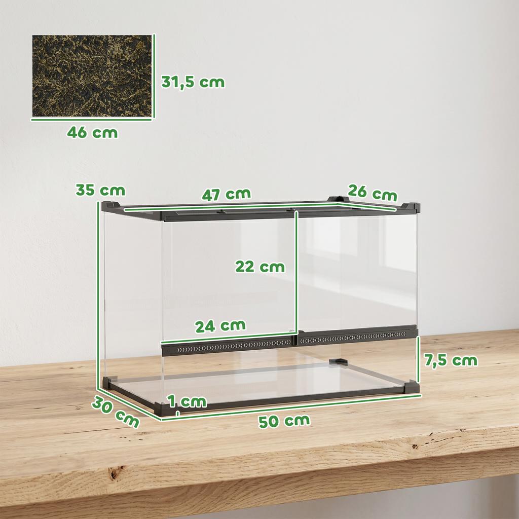 Reptile Glass Terrarium with Stone Background, Front Ventilation, Escape-Proof Knob Lock, 50 x 30 x 35 cm, Black