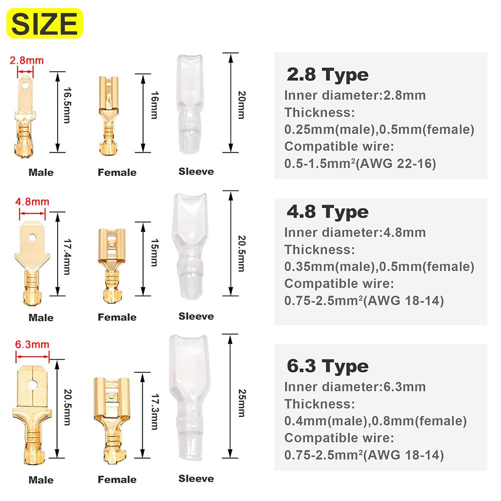 Wire Crimp Terminals Set 2.8/4.8/6.3mm Copper Male Female Wire Spade Connectors with Insulated Sleeve Electrical Conector Box
