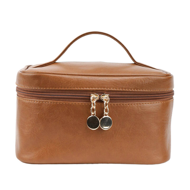New Leather Portable Makeup Case Decorative Zipper Handle Multiple Compartments Travel Skincare Toiletries Storage Bag Fashi