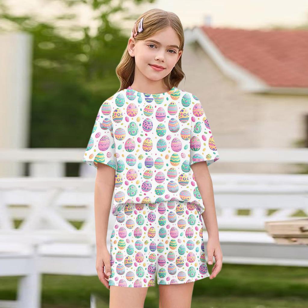 Kid Patriotic Outfit - Short Sleeve & Shorts 2-Piece Set For Girl Easter Day