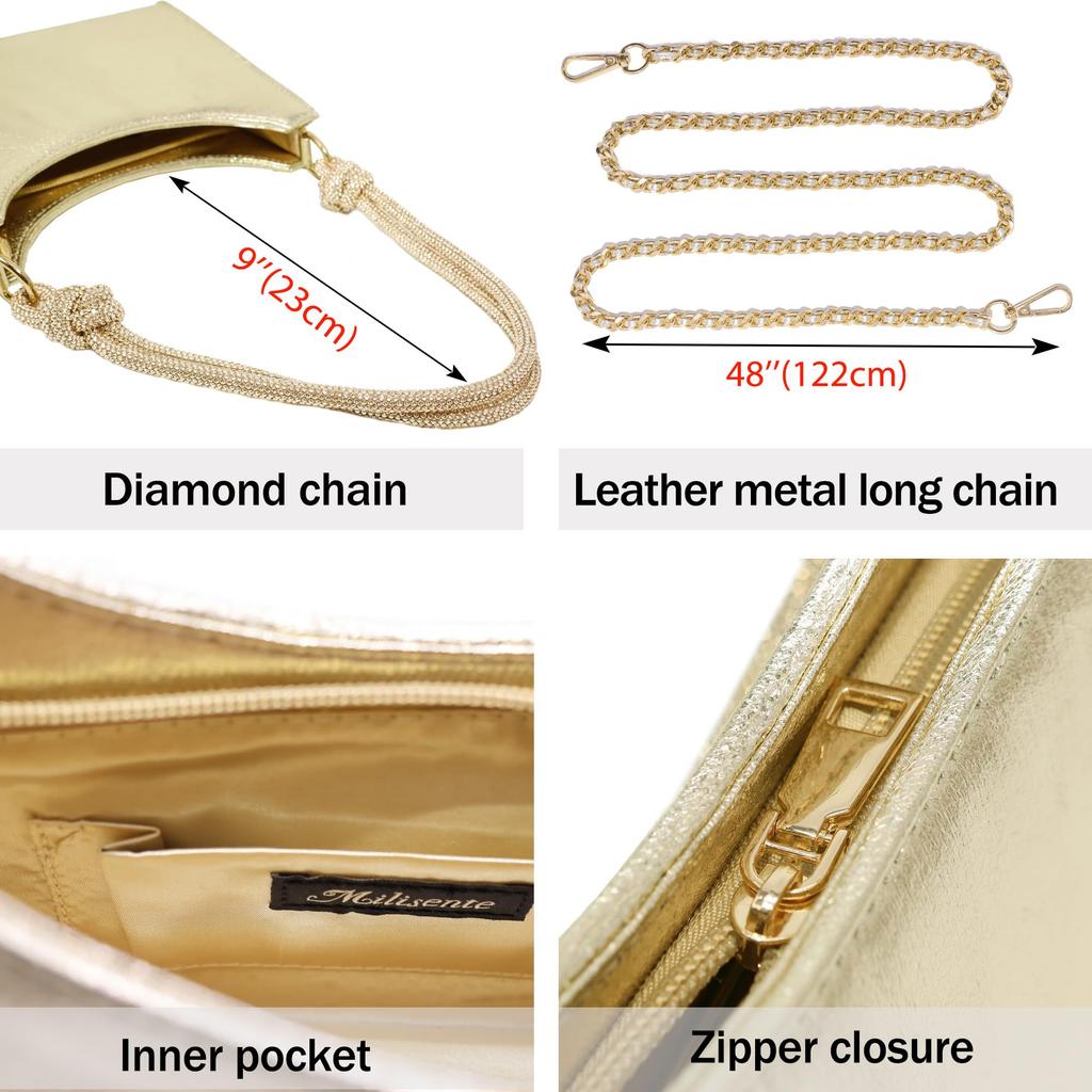 Milisente Women's Party Bag, Wedding Shoulder Bag, Tote Bag, Evening Bag with Diamonds, Short Shoulder Strap, Crossbody Bag with Chain (Gold)