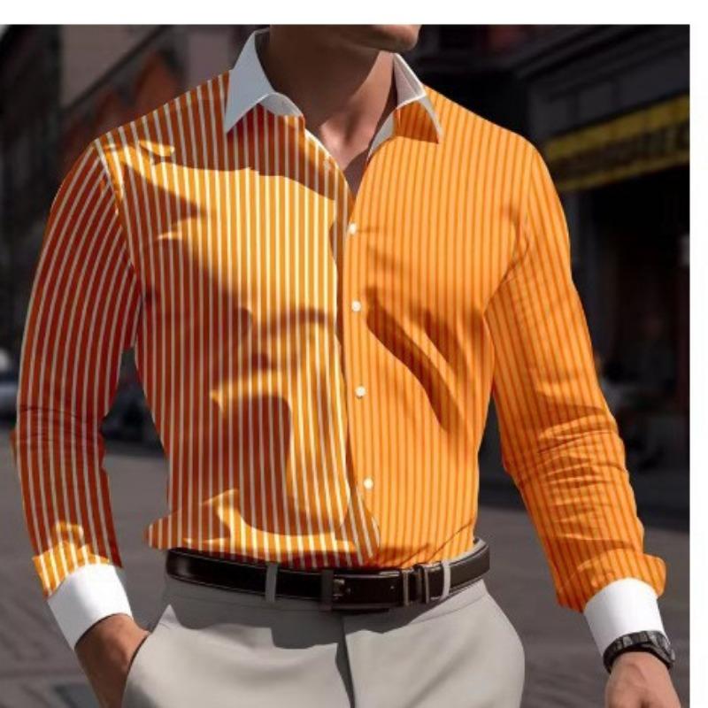 Mens Green White Striped Long Sleeve Casual Shirt S оранжевый