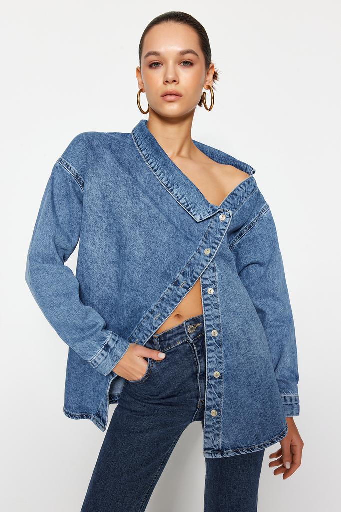 Women's Fashion New Shirt Black Asymmetrical Collar Detailed Denim Shirt