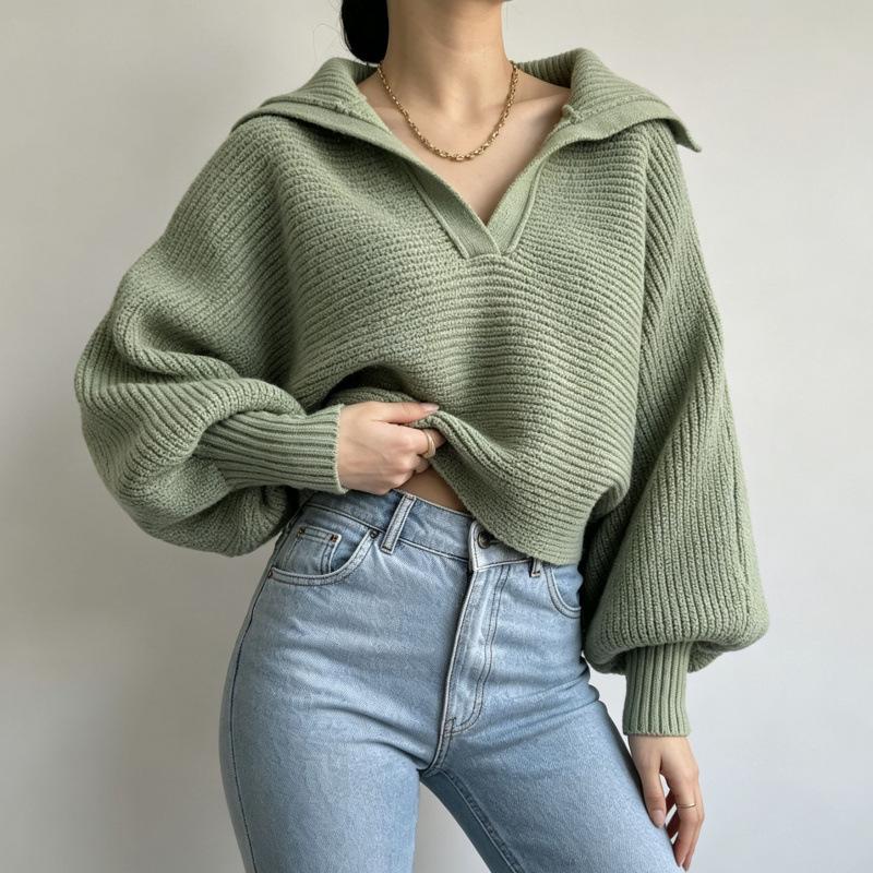 2026 Autumn/Winter Women's Solid Color Knit Lapel Pullover Sweater Loose Outerwear