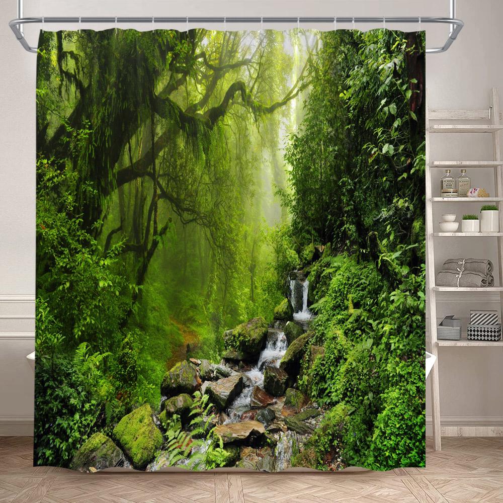 Forest Landscape Shower Curtains Tropical Jungle Palm Plants Waterfall Nature Scenery Fabric Bathroom Curtain Decor With Hooks