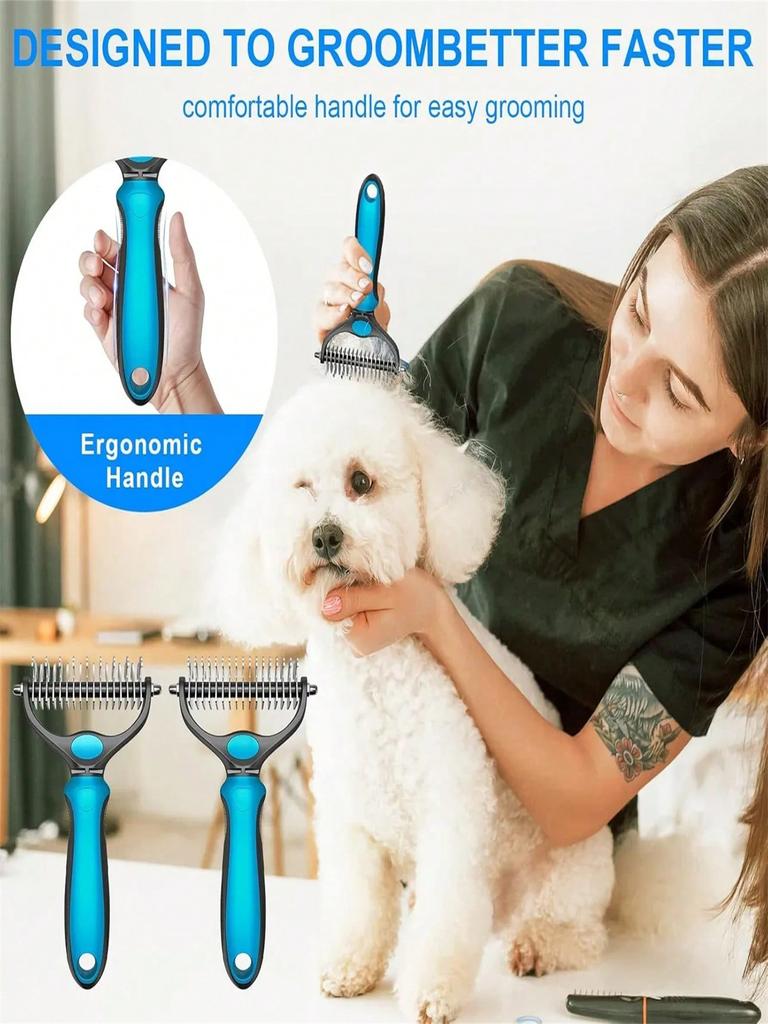 Ergonomic Double-Sided Undercoat Rake - Comfort Grip Dematting & Deshedding Brush Tool, Stainless Steel Teeth, Gentle on Skin, I