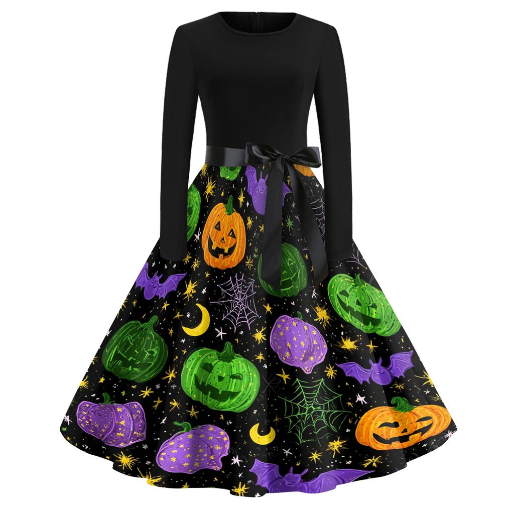 Women's Casual Vintage Halloween Dress Long Sleeve Round Neck Retro Print Fit and Flare Midi Dress with Waist Tie Belt
