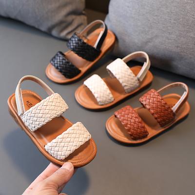 Sandali da Bambina Intrecciati a Punta Aperta Moda Vacanza Estate Scarpe Basse da Bambino Tinta Unita Comodi Outdoor Antiscivolo Ciabatte da Bambino