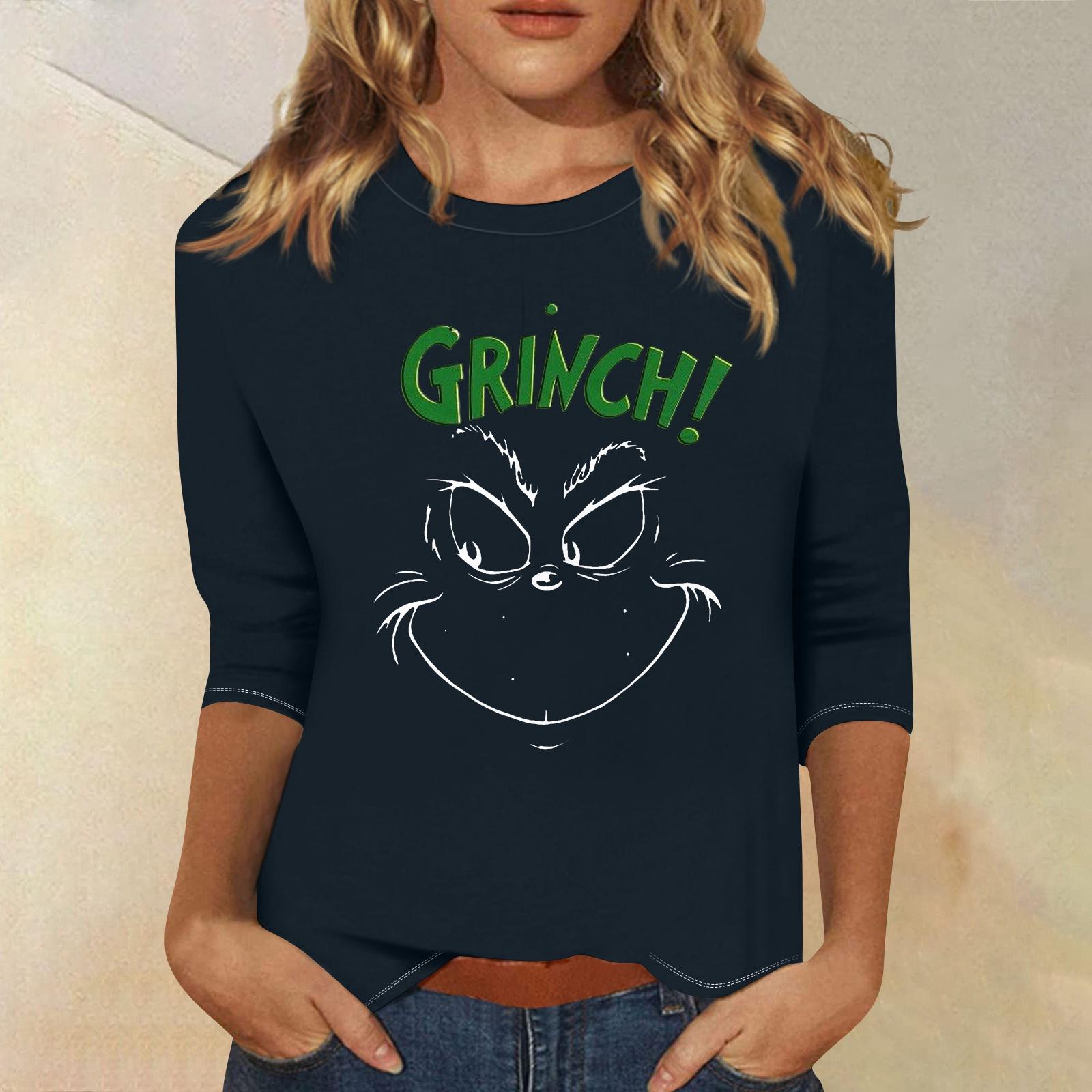 

3/4 рукава топы для женщин футболка повседневные рождественские принты топы футболка круглый вырез пуловер блузка M тёмно-синий