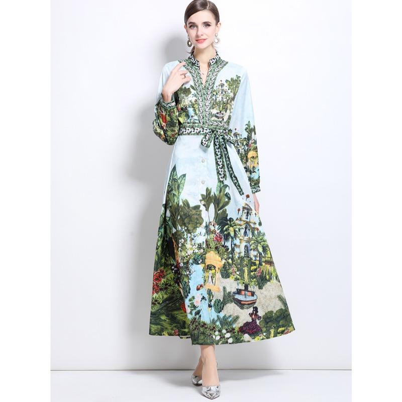 Jaro Podzim Dámské Vintage Potisk Hluboký Výstřih do V Dlouhý Rukáv Jednořadé Dlouhé Maxi Dovolená Plážové Šaty