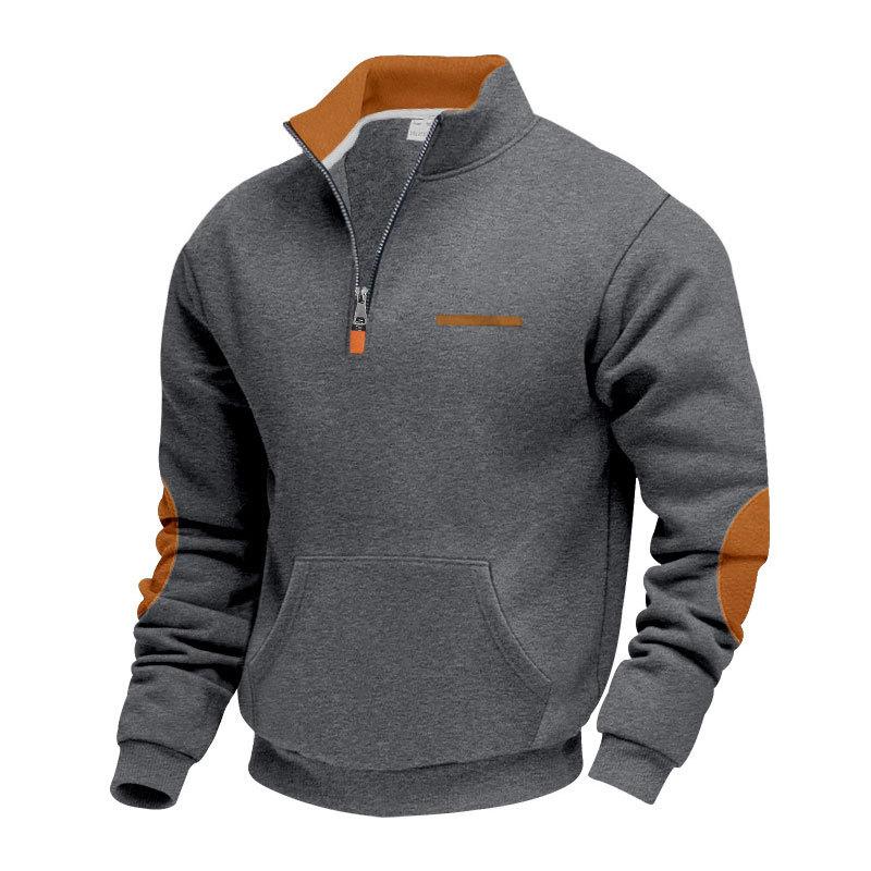 New Autumn/Winter Heavyweight Fleece-Lined Men's Patchwork Zipped Stand-Up Collar Sweatshirt for Outdoor Sports