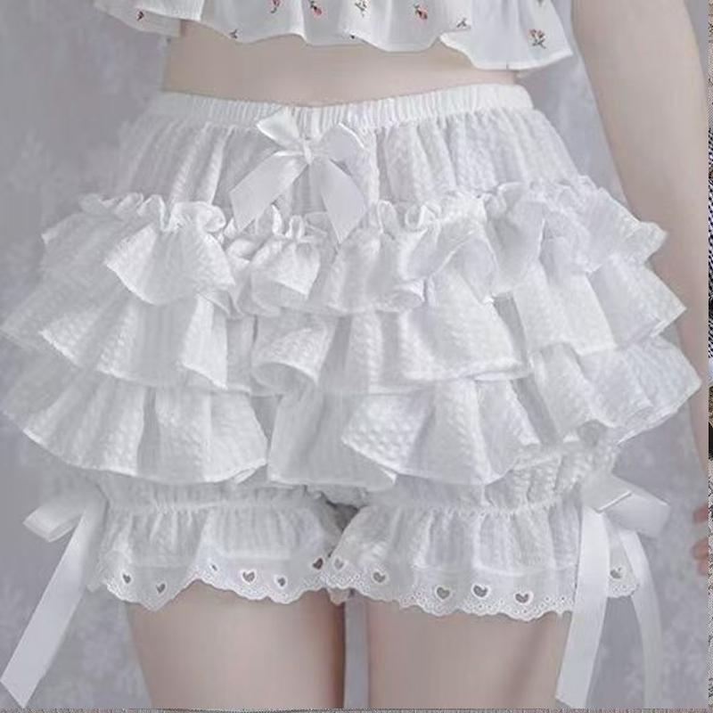 Pantaloncini Corti da Donna Bianchi e Neri con Volant Kawaii Fiocco in Pizzo Lolita Culotte Zucca Pantaloncini Sicurezza Carini Pantaloni Bloomers Vittoriani Vintage