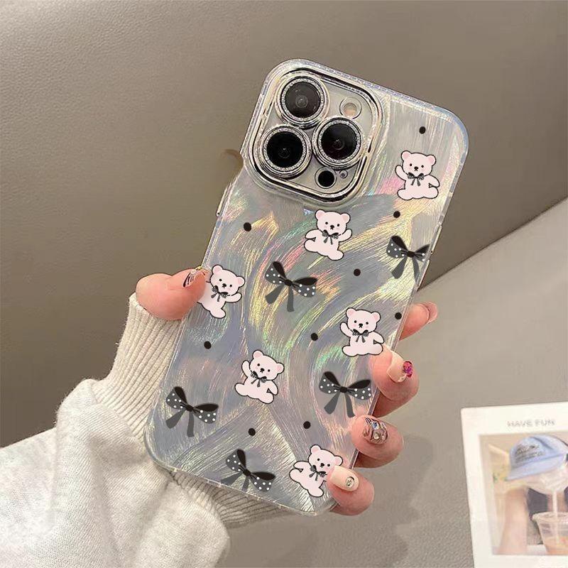 Bow Bear Suitable for Apple 16promax Mobile Phone Case Feather Iphone15 Flash Powder 13 Women's Model 14