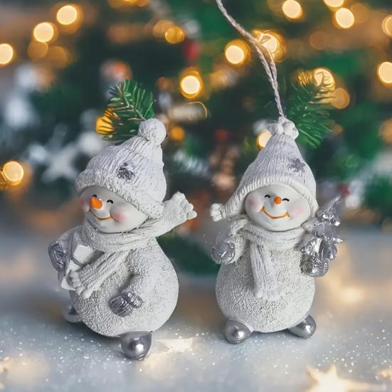 Cute Snowman Statue Gifts 2Pcs Christmas Figurine, Tabletop Decor, Resin Snow with Winter Atmosphere Table Decor Knit Hat Scarf for Home Mantel Window
