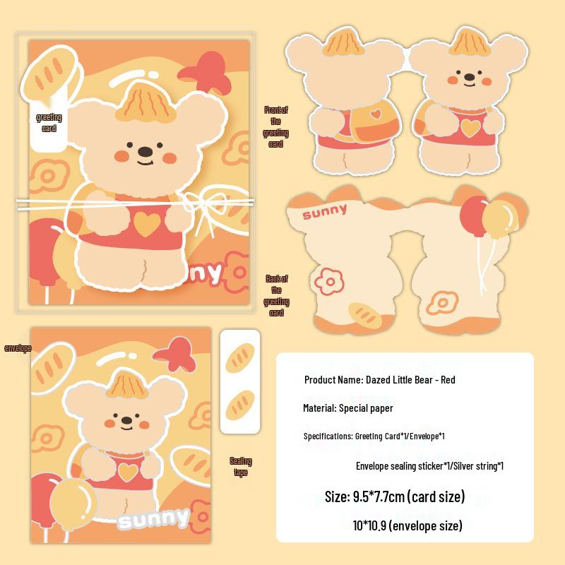 Adorable Sleepy Bear Greeting Card Set with Envelope - Birthday Blessing & Handwritten Message Card