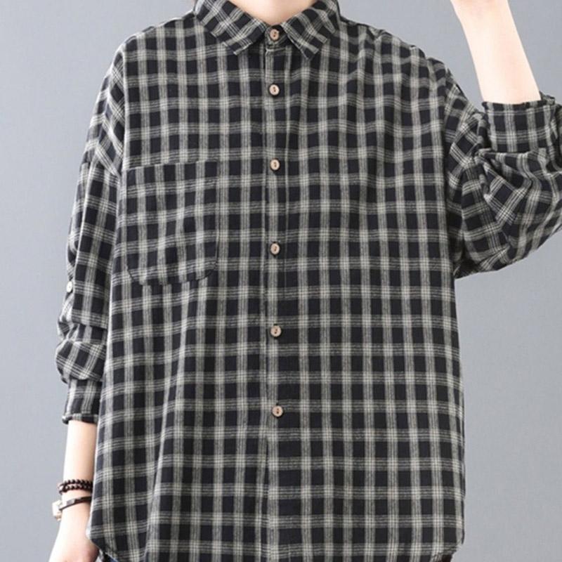 Shirt for Women Summer Oversize Cotton Loose Blouse Casual Long Sleeve Plaid Soft Loose Shirt Top