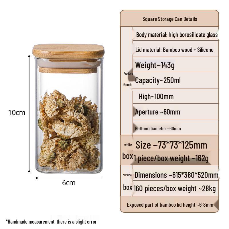 Square Borosilicate Glass Storage Jar for Coffee, Tea, Grains & Bracelets