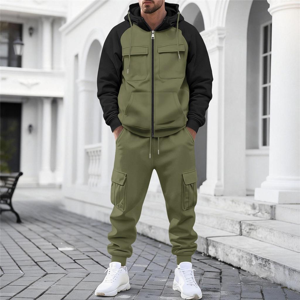 Men Color Block Zip Up Hoodie Cargo Pants 2 Piece Tracksuit Casual Sports Outfit Hooded Jacket Multi‑Pocket Jogger Trousers Set