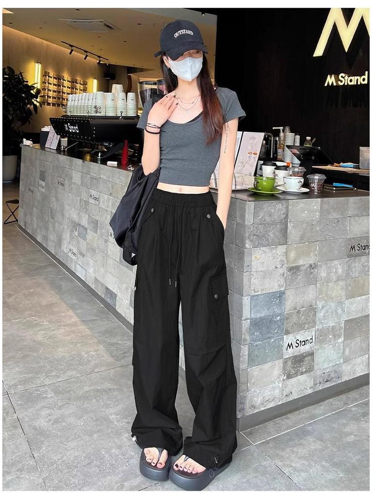 Women's High-Waist Apricot Cargo Pants - Petite Wide-Leg, Spring/Autumn, Casual American Sports Style.
