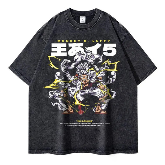Japanese Anime One Piece Retro Washed Tshirt Men and Women Summer Harajuku YK Clothing Round Neck Short Sleeved Tshirt Unisex