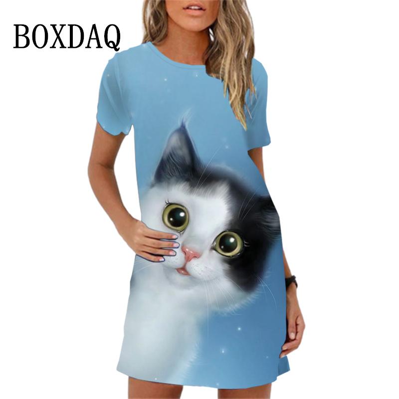 New Women Summer Beach Sundress Elegant Sweet Cute Cartoon Cat Print A-Line Dress Loose Casual Short Sleeve O-Neck Mini Dress
