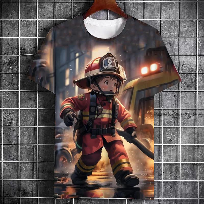 New Firefighter Cartoon Animation Pattern Summer Printed Boys' T-shirt O-neck Comfortable Casual Fashion Short Sleeve