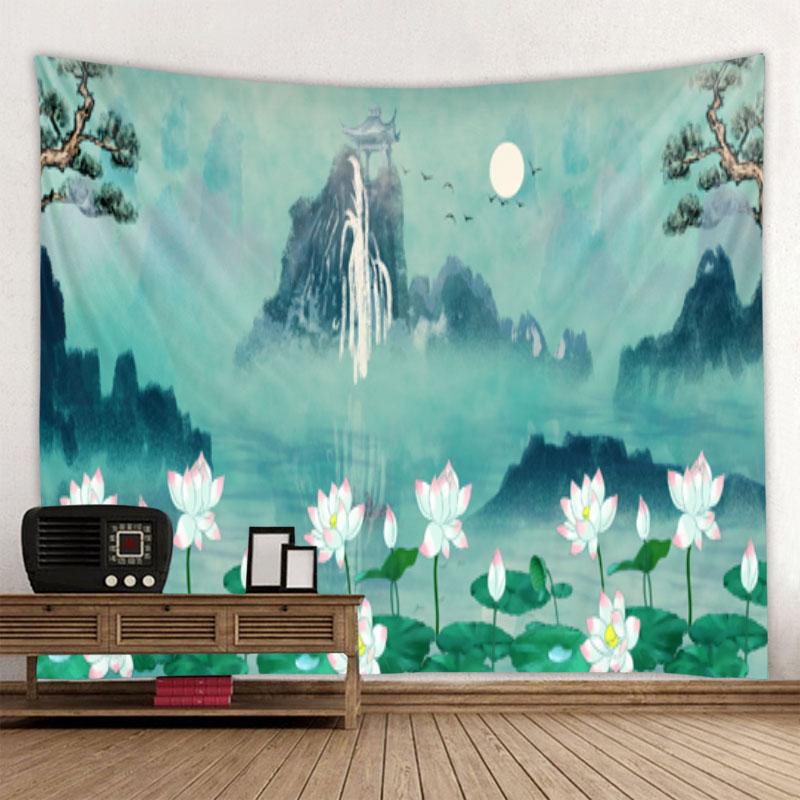 Beautiful Mountain Landscape Ink Painting Tapestry Art Decor Blanket Curtain Hanging At Home Bedroom Living Room Decoration