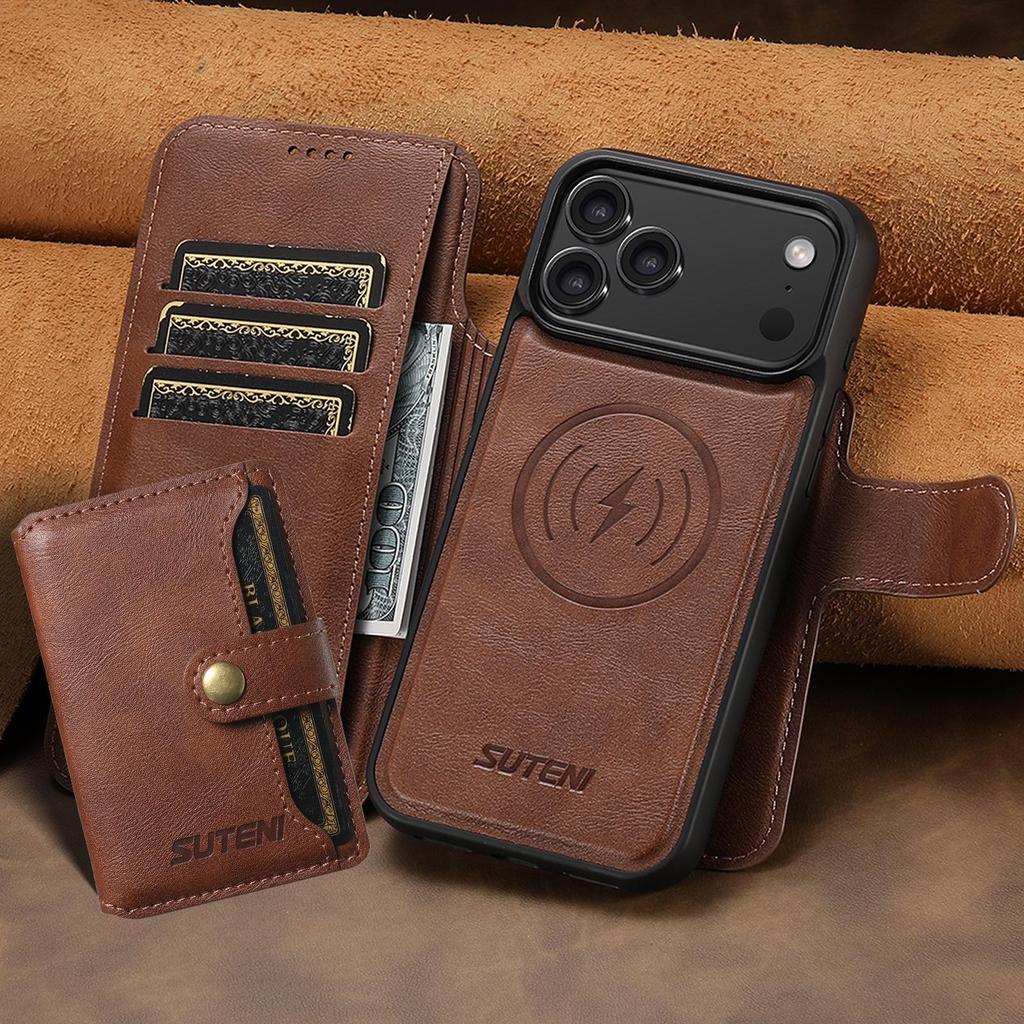 iPhone 17PM Leather Flip Case with Card Slot, Magnetic Snap, Wireless Charging Stand