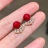 Year of the Horse 2026 Red Bean Pearl Zircon Fan-Shaped Stud Earrings - Elegant New Year Women's Accessory