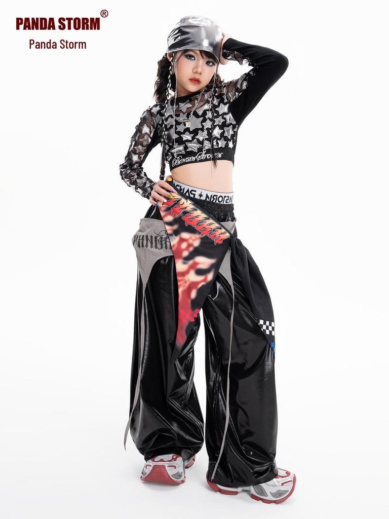 Girls' Jazzy Crop Long-Sleeve Top & Pants Set - Children's Street Dance Costume