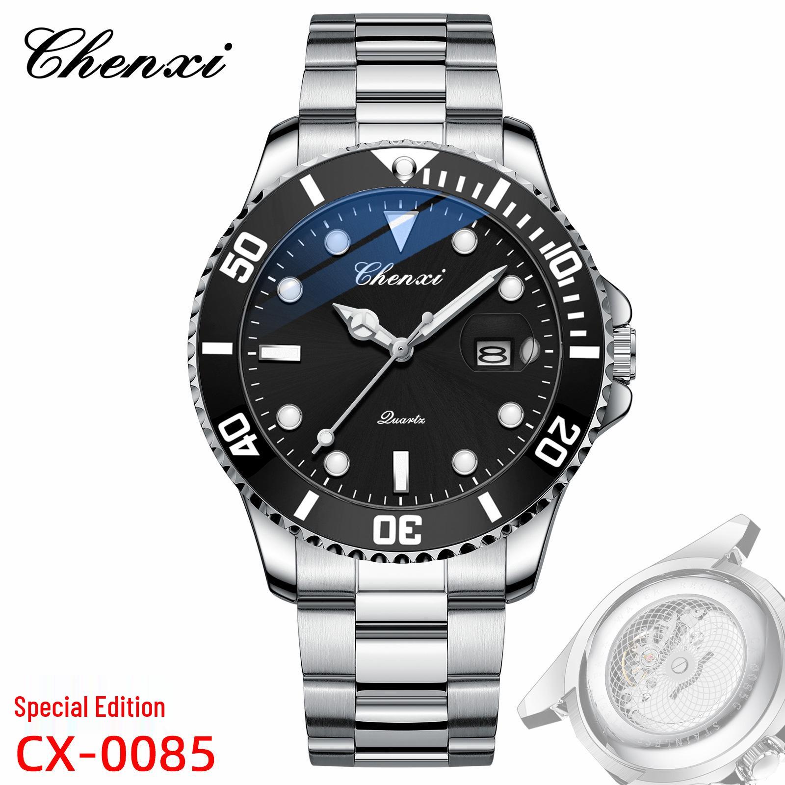 

CHENXI Men s Luminous Waterproof Watch – Green Dial with Transparent Back, Stainless Steel Band, Date Display.