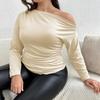 Plus Size Women Oblique Collar Off Shoulder Solid Color Slim Fit Long Sleeve T Shirt Top