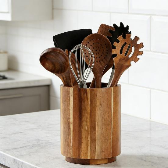 Rustykalny Drewniany Pojemnik na Sztućce Organizer na Sztućce Pojemnik na Sztućce Blatowy Duża Pojemność Obrotowy Kuchenny na Łopatki Łyżki
