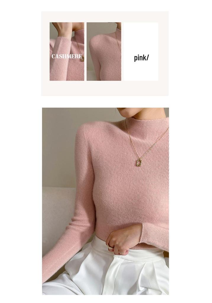 Women's Autumn/Winter Pure Cashmere Striped Slim-Fit Sweater with Half-High Neck