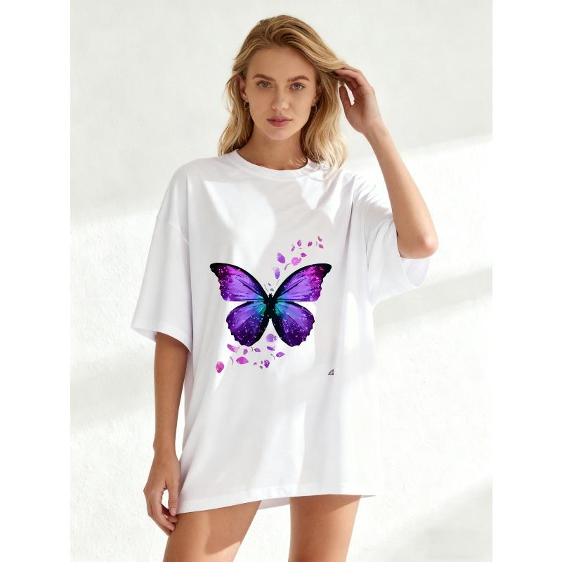 Black Oversized T Shirt With Purple Butterfly Print For Casual Wear