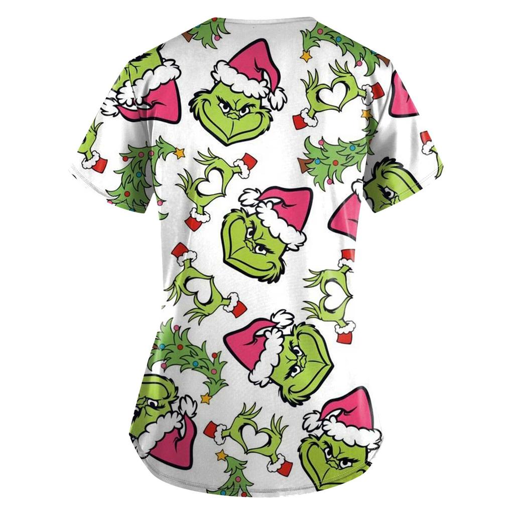 Women's Fashion Printed Short Sleeve V Neck Pattern Tops Pocket Working T-shirts