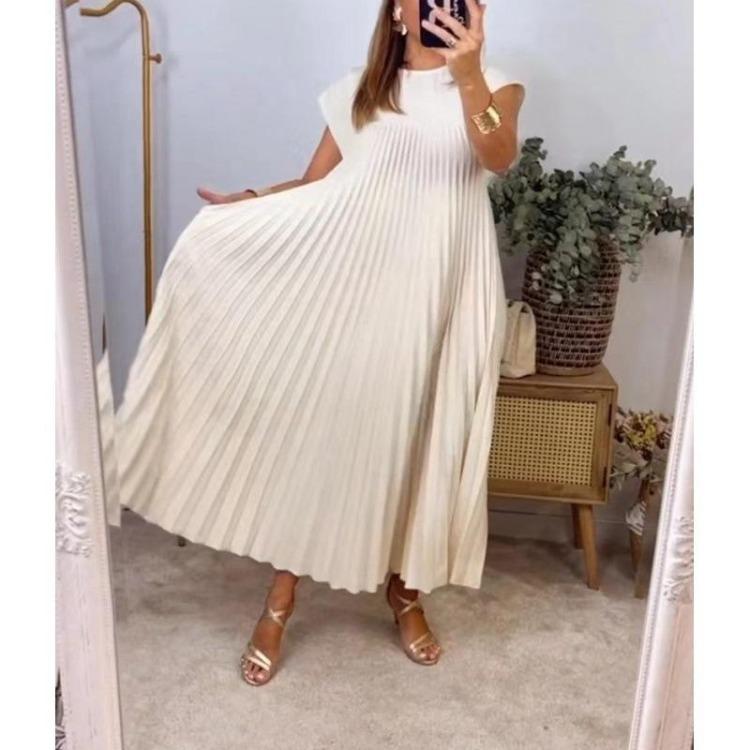 Summer Elegant Women Long Dresses Round Neck Sleeveless Pleated