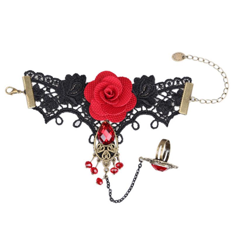 Elegant Gothic Style Lace Red Rose Bracelet With Adjustable Finger Ring