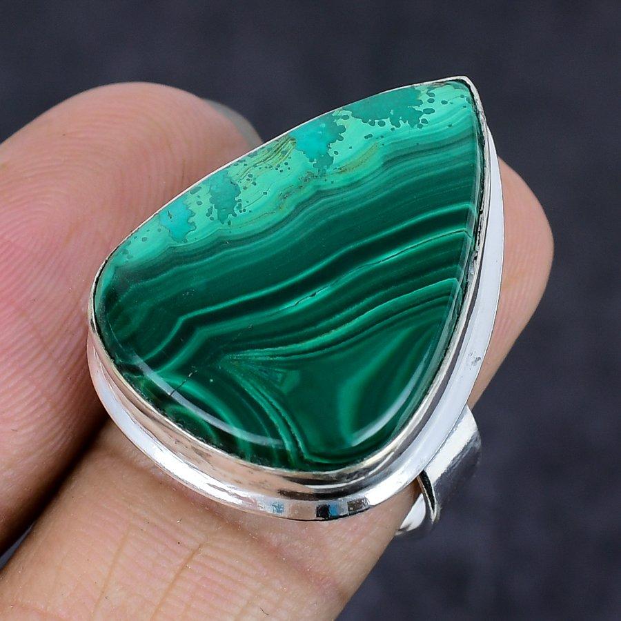 Anello in Argento Sterling 925 Fatto a Mano con Pietra Preziosa Malachite Naturale Misura 8 ETC-13745