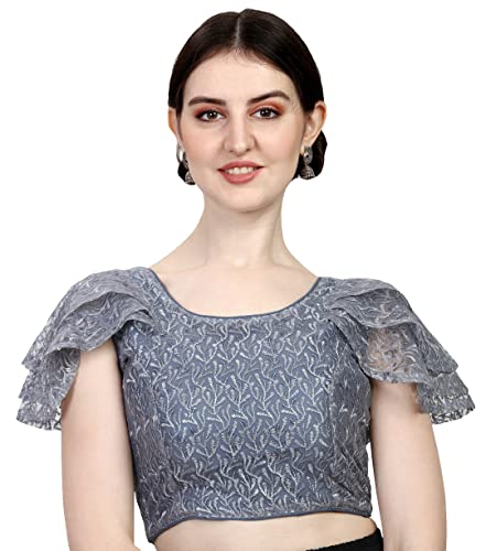 Pujia Mills Women's Shifly Net Work Ruffle Sleeves Readymade Saree Blouse (sipli Blouse_Grey_38)